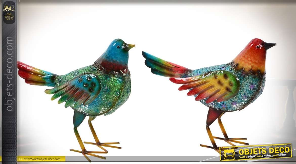 Couple d'oiseaux décoratifs en métal peints et vernis 33 cm