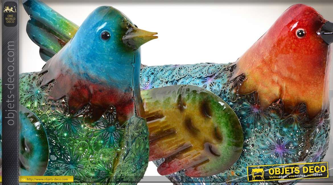 Couple d'oiseaux décoratifs en métal peints et vernis 33 cm
