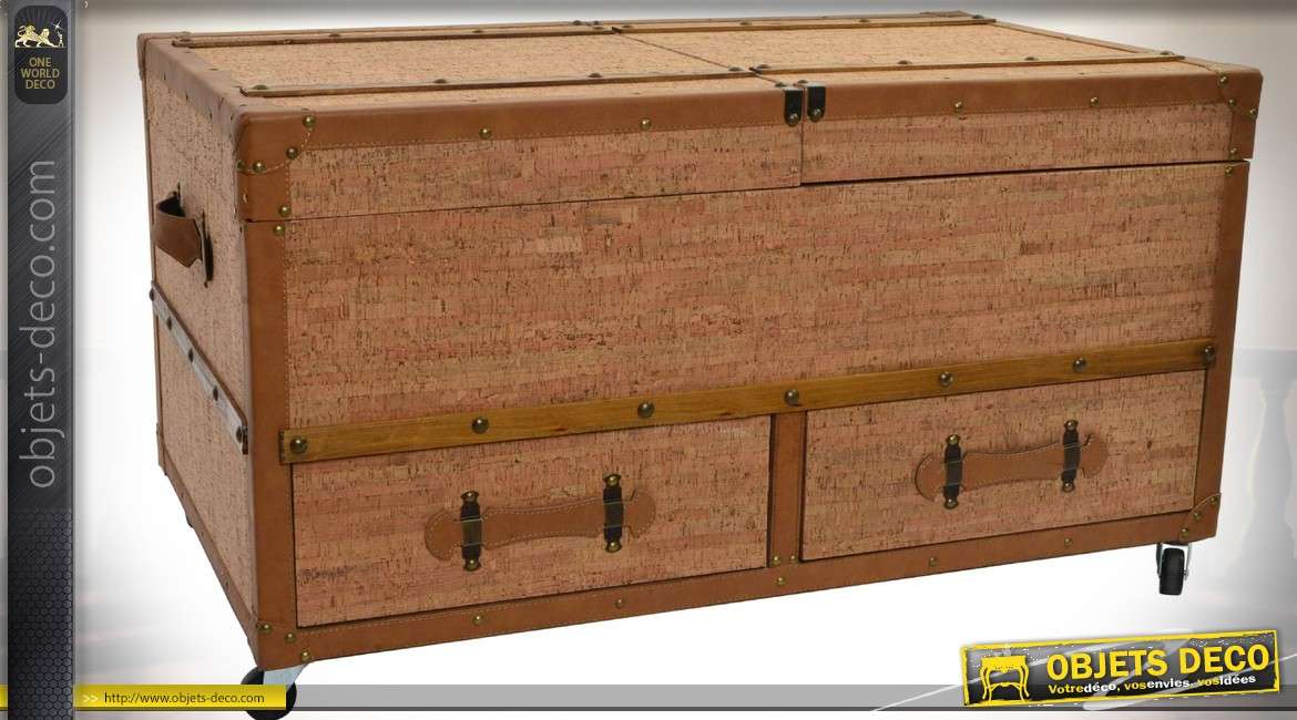 Grand coffre meuble cave en bois et métal avec 2 tiroirs