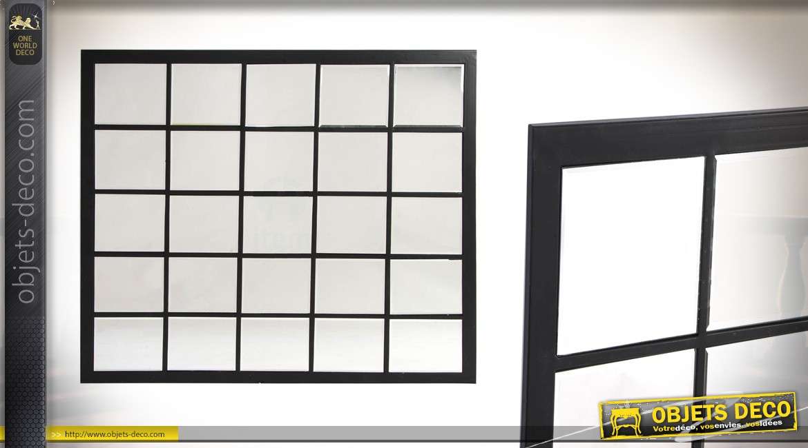 Grand miroir-fenêtre rectangulaire en métal noir style atelier de 96 cm