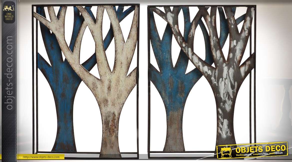 Décoration murale en diptyque en métal et en relief à motifs d'arbres