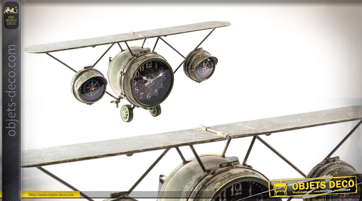 Horloge murale en forme d'avion finition vert antique de 66cm