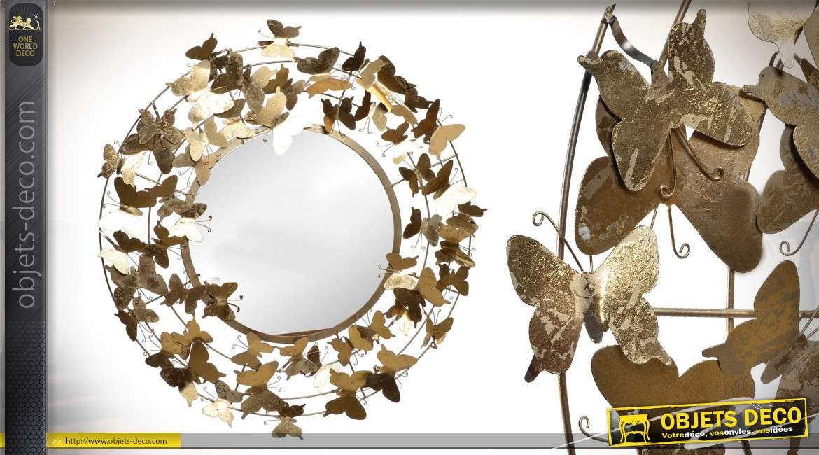 Grand miroir rond en métal 92 cm cerclé de papillons brillants