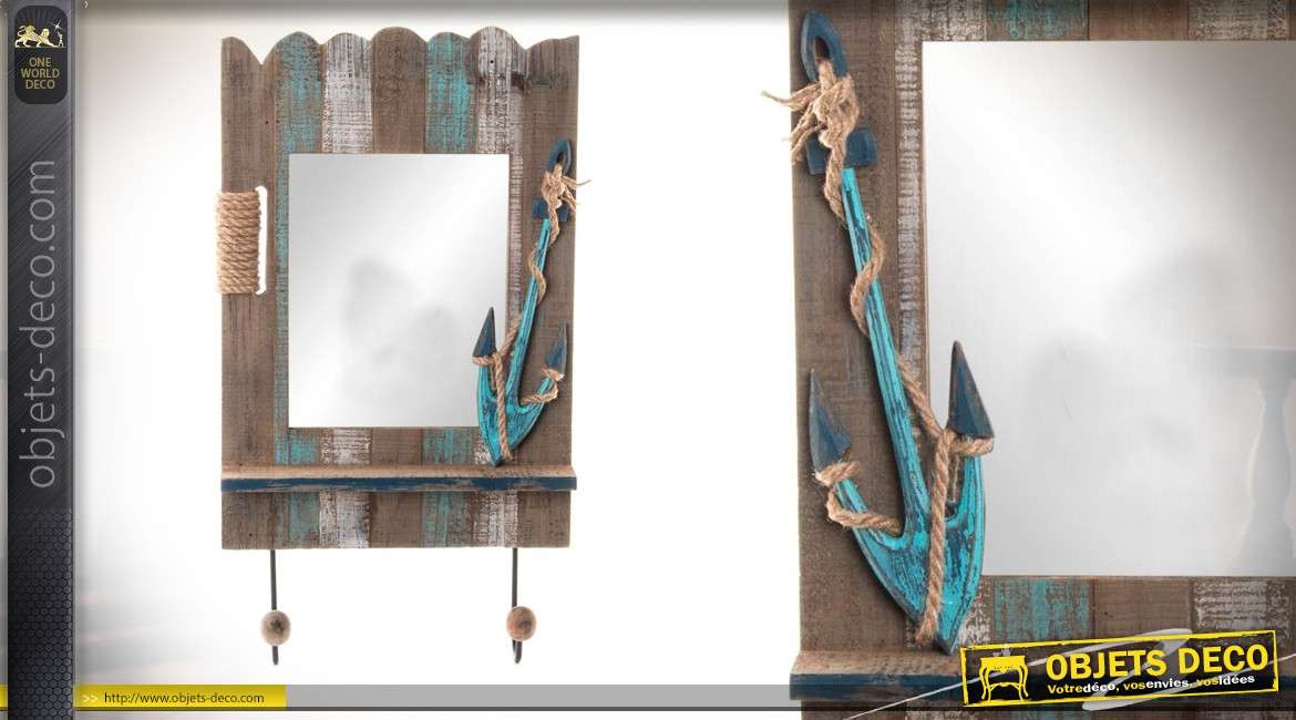 Décoration murale bois et miroir avec deux patères style bord de mer