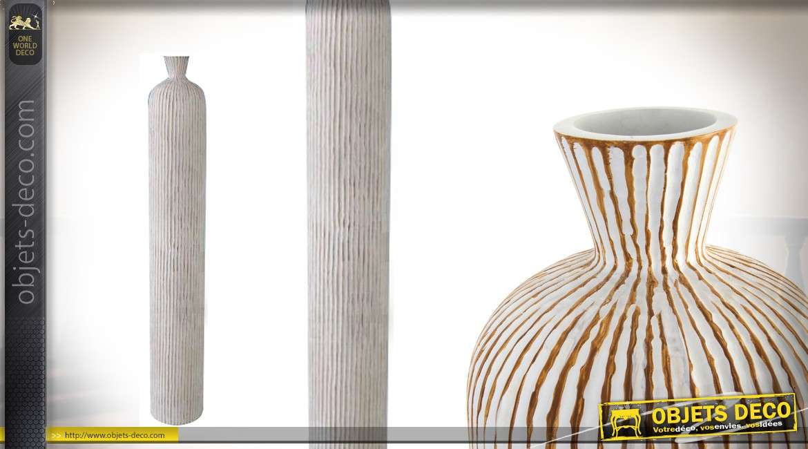 Grand vase tube de 126 cm en résine blanc et cuivré-doré