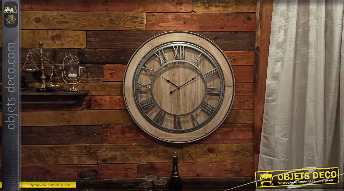 Ronde Rétro Vintage Horloge en bois naturel effet Cuisine Horloge murale