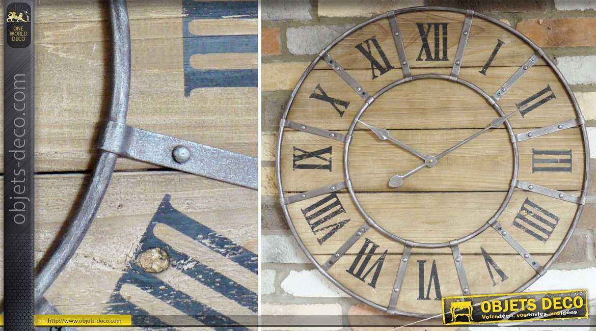 Horloge murale de style industriel et rétro en bois et métal Ø 66 cm