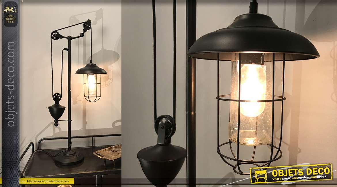 Lampadaire style lanterne industrielle en verre et métal de 71cm