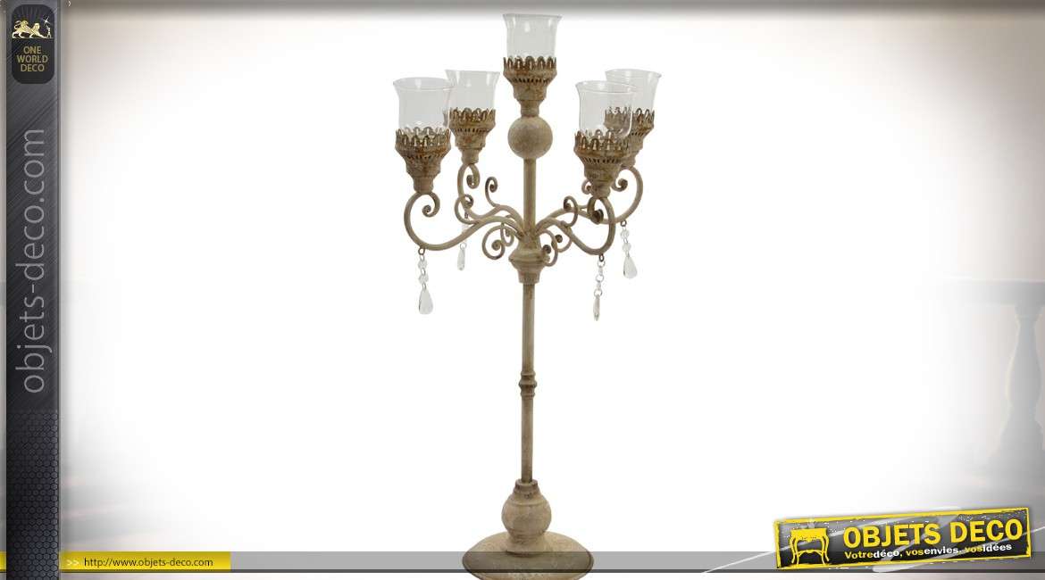Grand chandelier à 5 feux en métal et verre aspect vieilli 77 cm