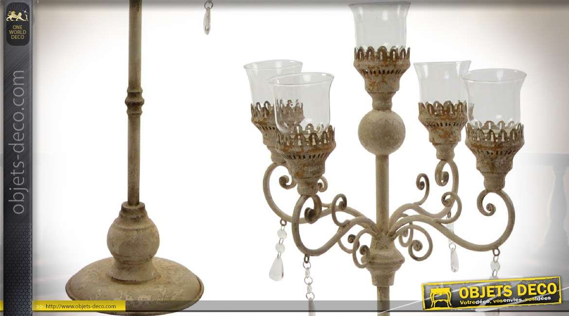 Grand chandelier à 5 feux en métal et verre aspect vieilli 77 cm