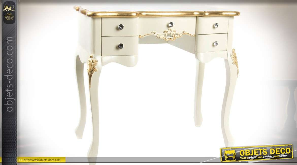 Table coiffeuse 3 tiroirs classique et charme avec finitions dorées