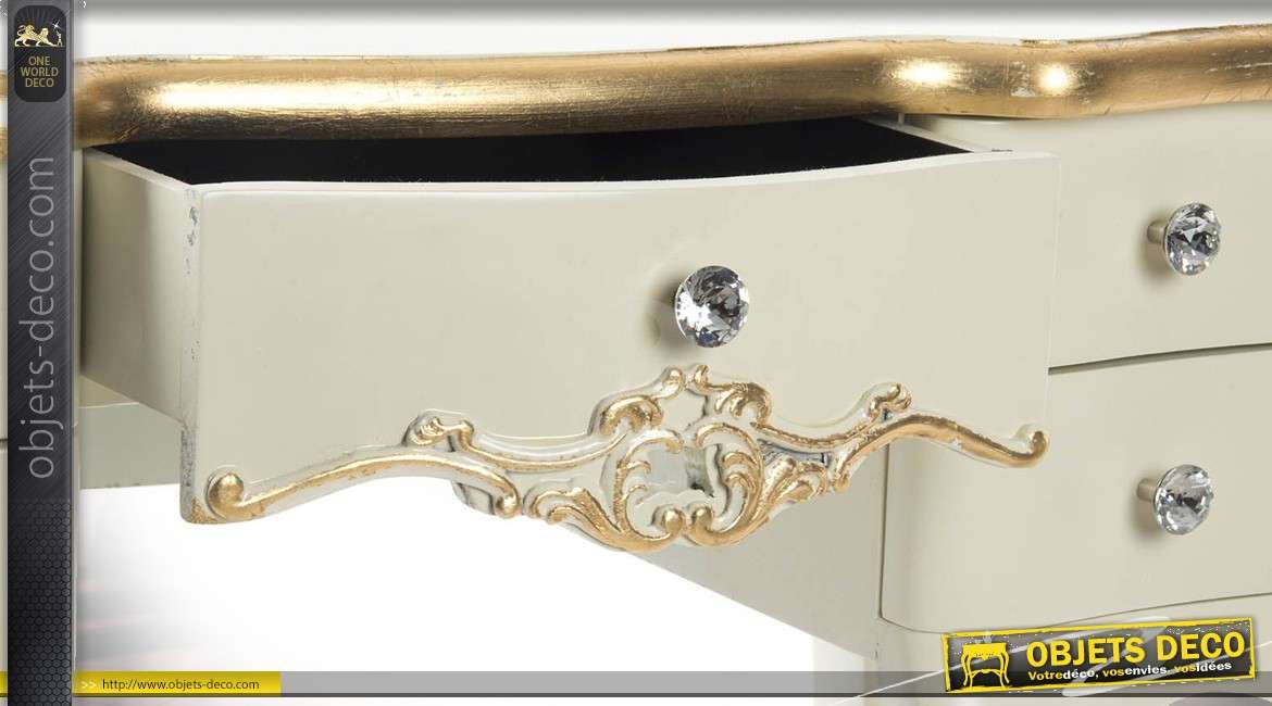 Table coiffeuse 3 tiroirs classique et charme avec finitions dorées