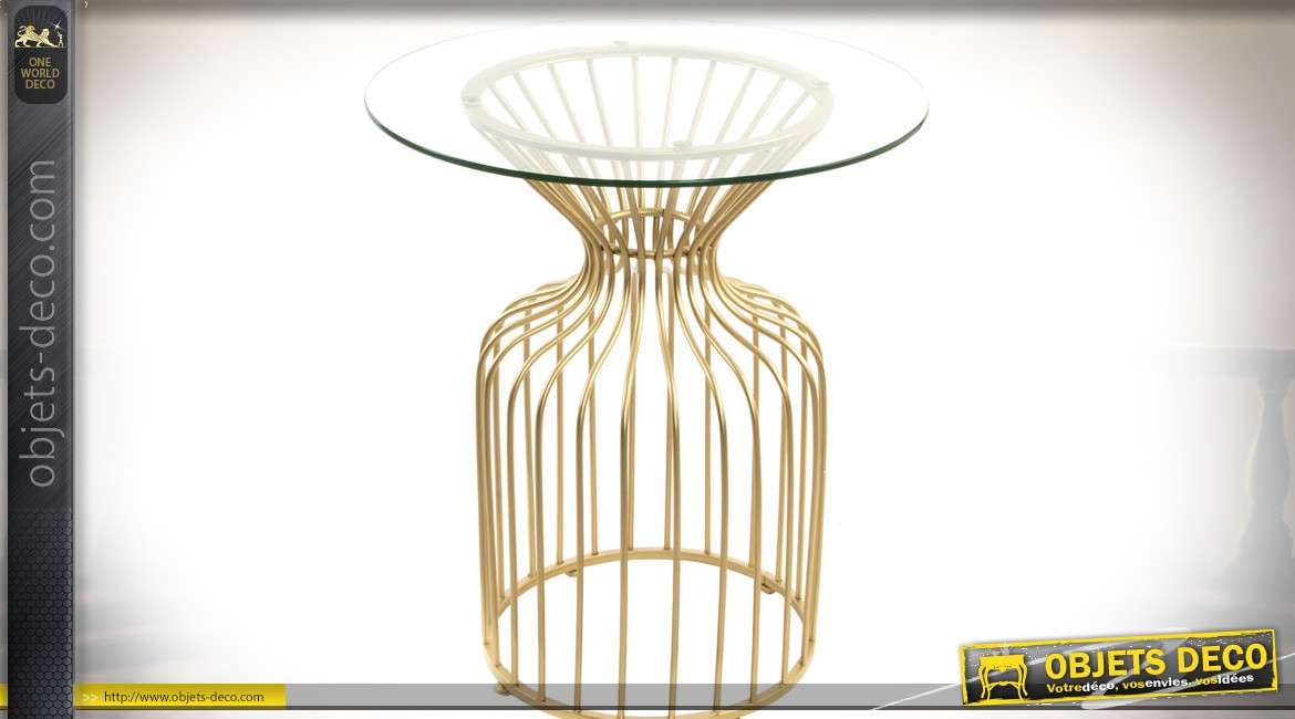 Bout de canapé filaire design métal doré et plateau en verre
