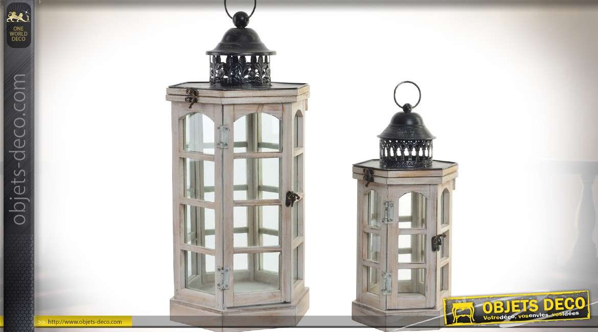 Série de 2 lanternes décoratives hexagonales en bois et métal 54 cm