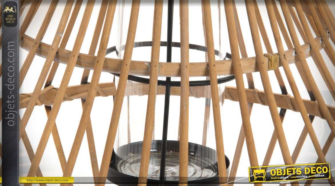 Grande suspension bougeoir en bois et bambou style exotique 60 cm