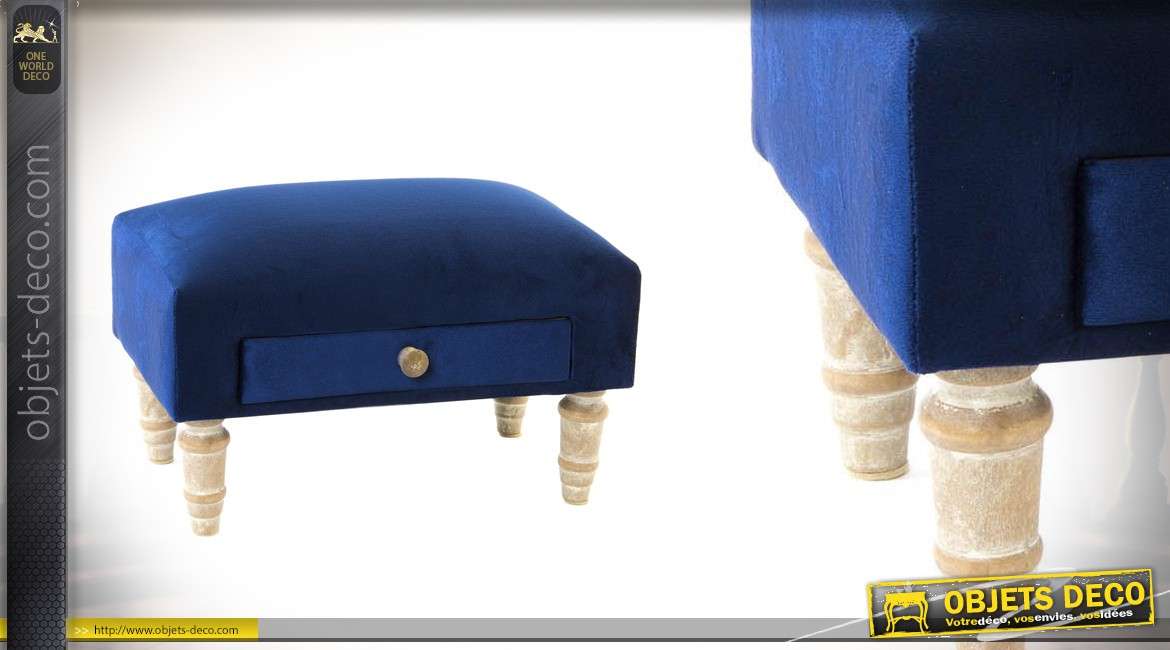 Repose pieds en bois et tissus avec tiroir collection Bleu de France