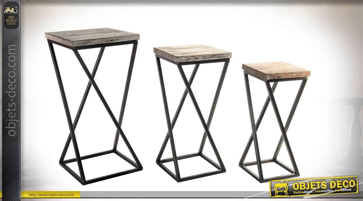 Série de 3 tables hautes en bois et métal de style atelier épuré