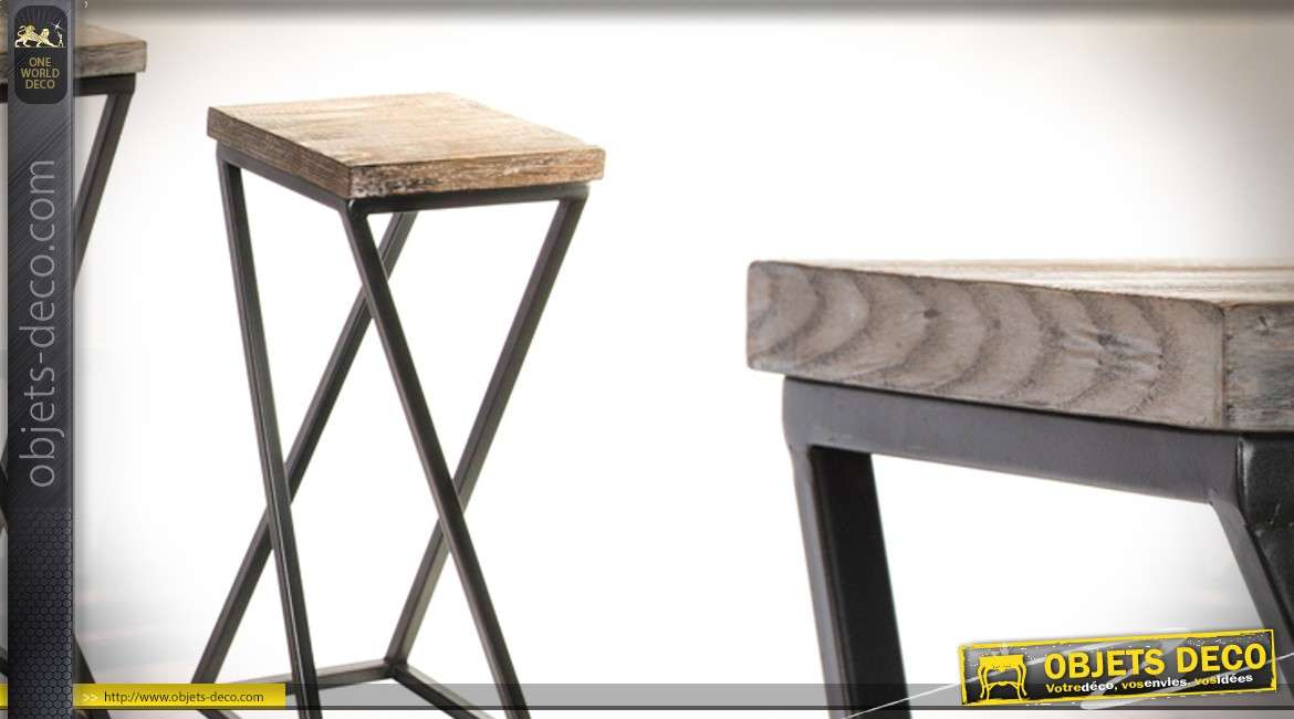 Série de 3 tables hautes en bois et métal de style atelier épuré