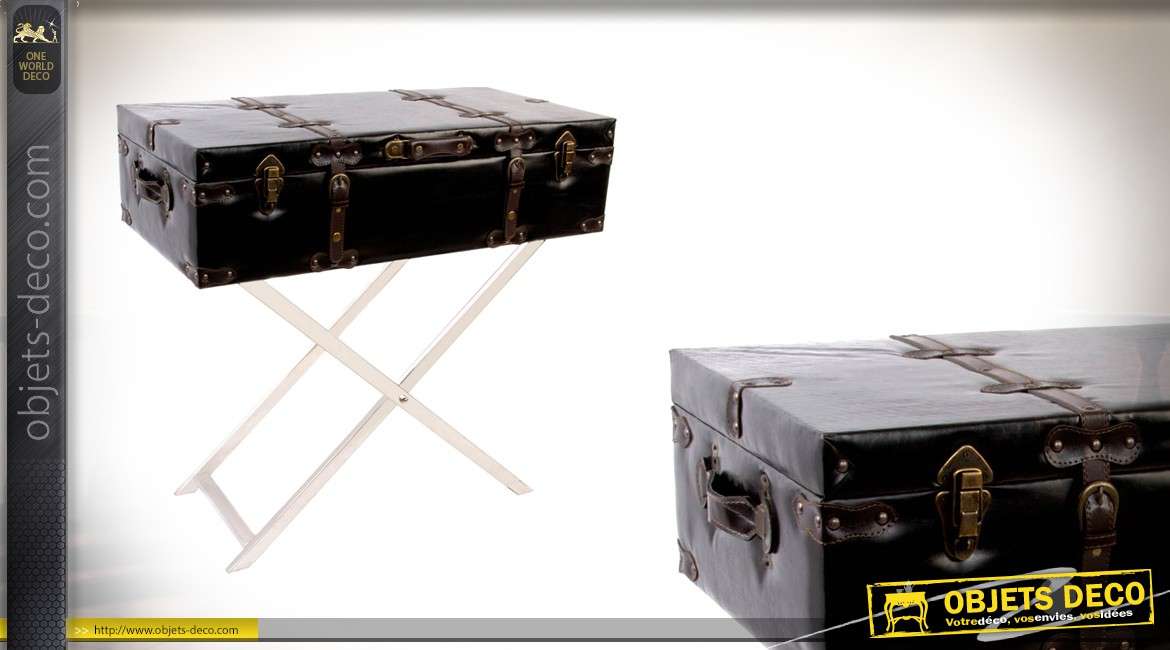 Console style valise de voyage sur pieds couleur chocolat et pointes dorées