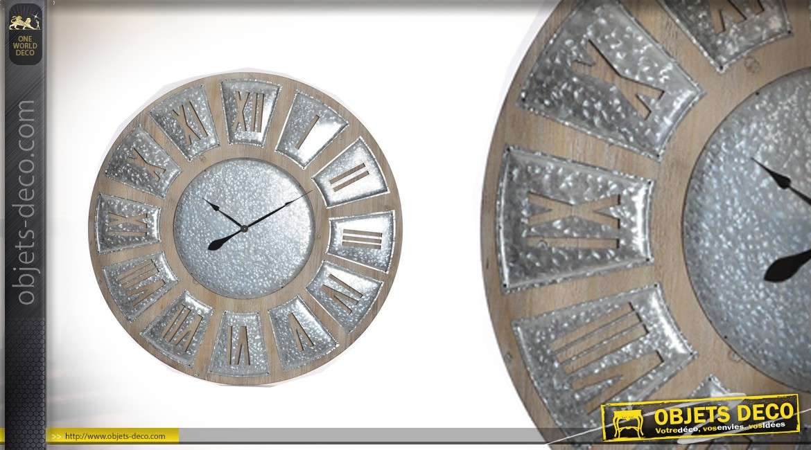 Très grande horloge en bois et métal Ø120 - A l'heure de l'industriel
