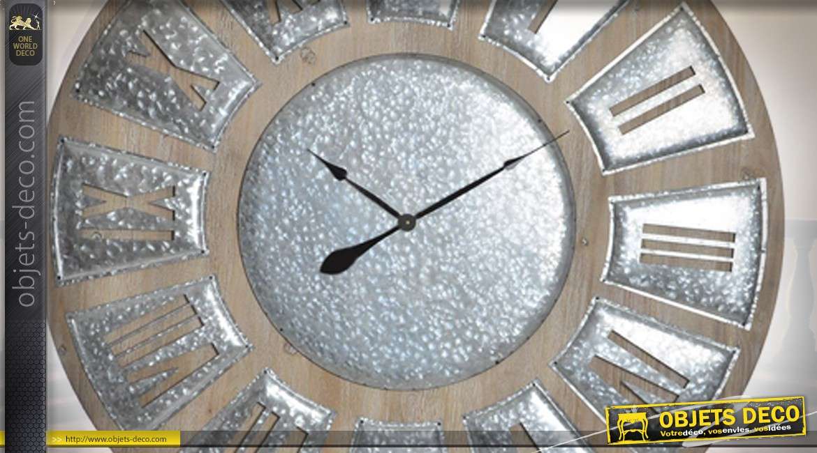 Très grande horloge en bois et métal Ø120 - A l'heure de l'industriel