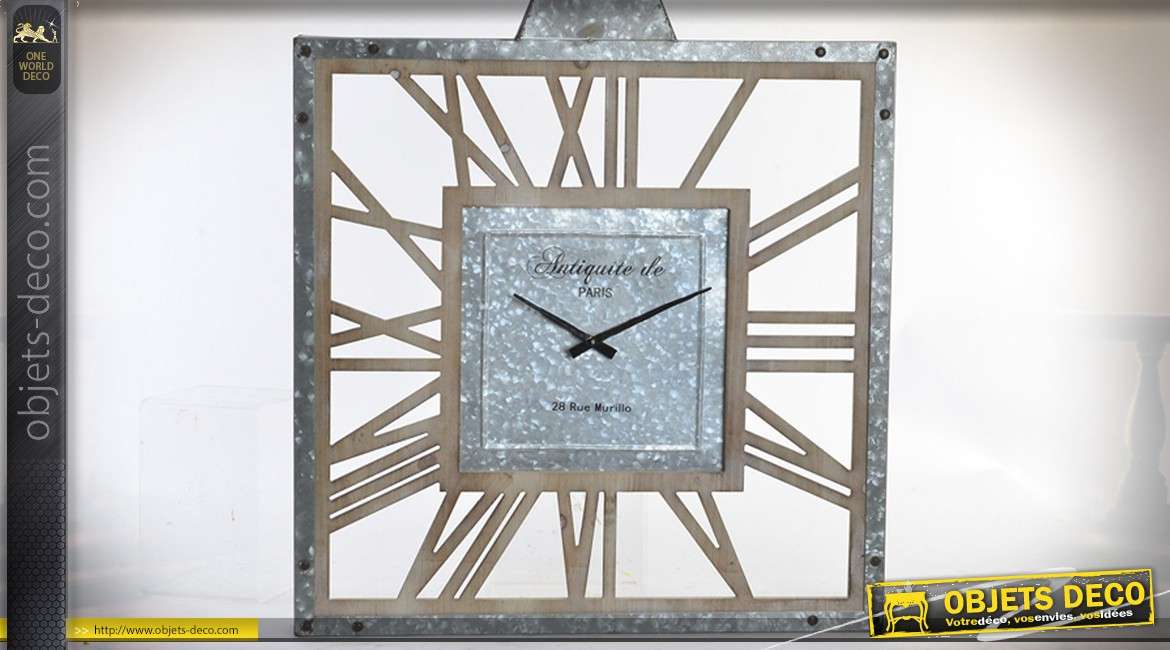 Horloge murale carrée en bois et métal - Bel avenir
