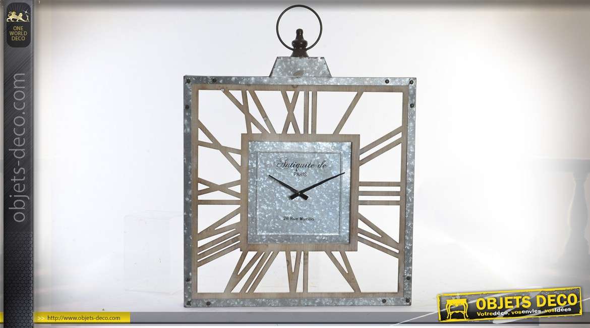 Horloge murale carrée en bois et métal - Bel avenir