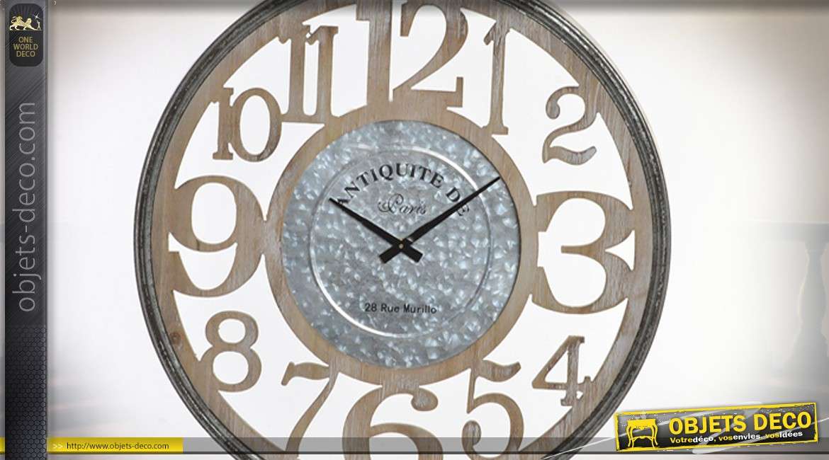 Horloge murale en bois et métal Ø60 - Temps libre