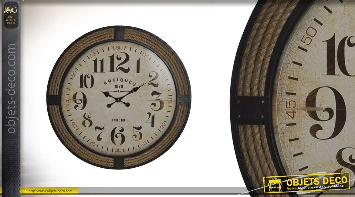 Horloge en bois et cordes finitions vieillies Ø80