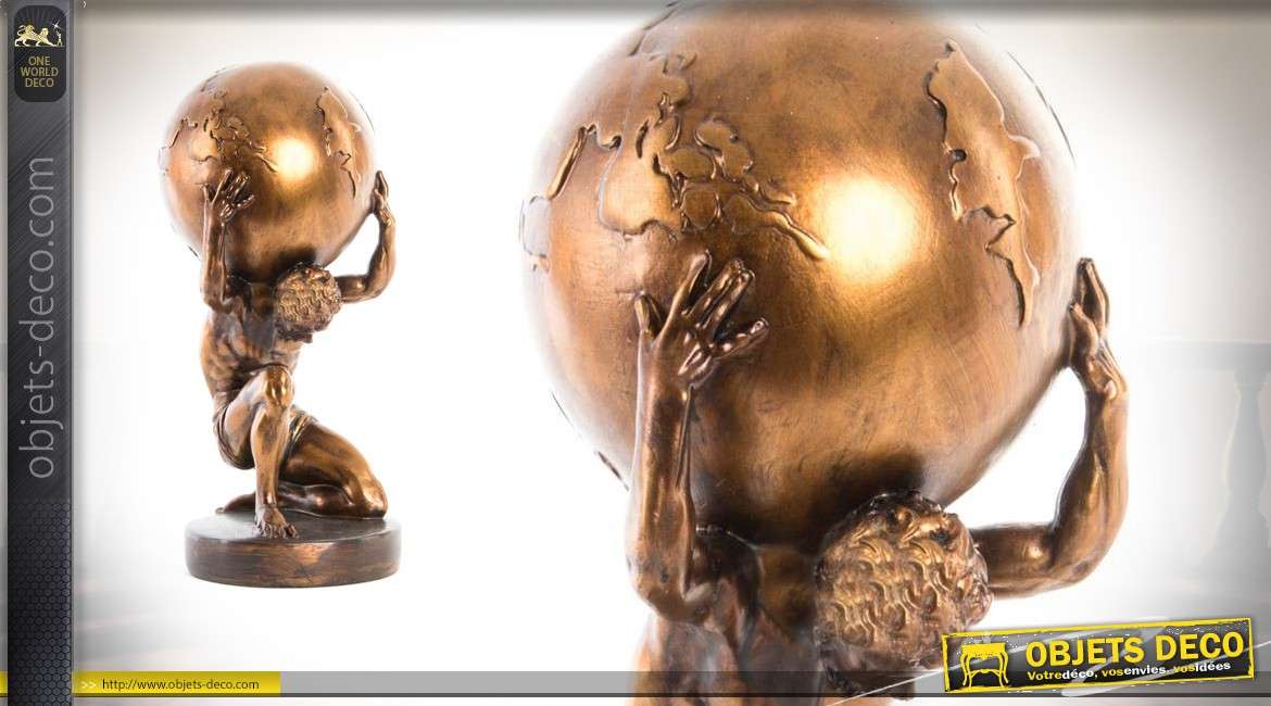 Statuette d'Atlas portant le monde effet vieilli doré en résine