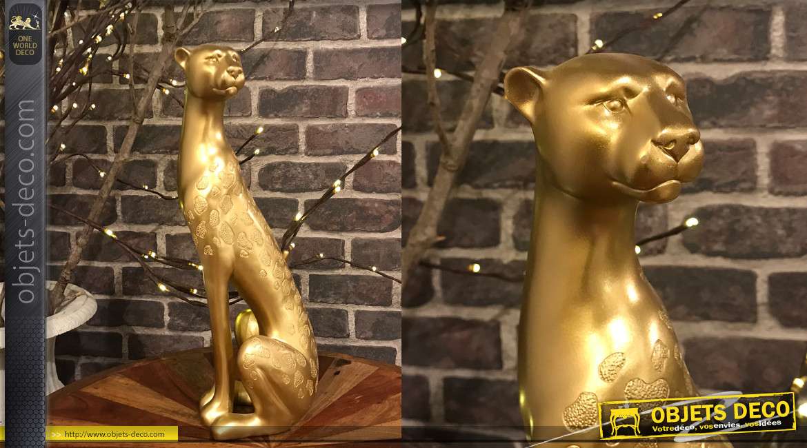 Statuette animalière de guépard, finition design, aspect métal doré 43 cm