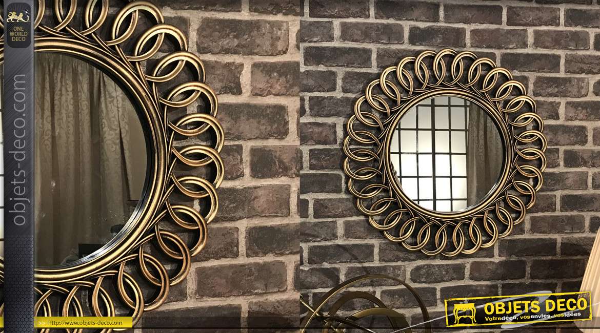 Miroir rond doré cuivré à encadrement effet torsadé ajouré Ø 58 cm