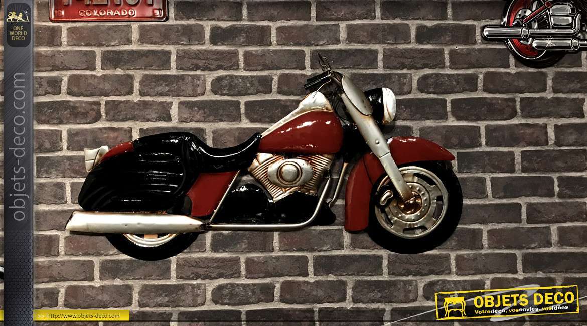 Reproduction d'une grande moto en métal, finitions industrielles rouges et noires, esprit motors, 96cm