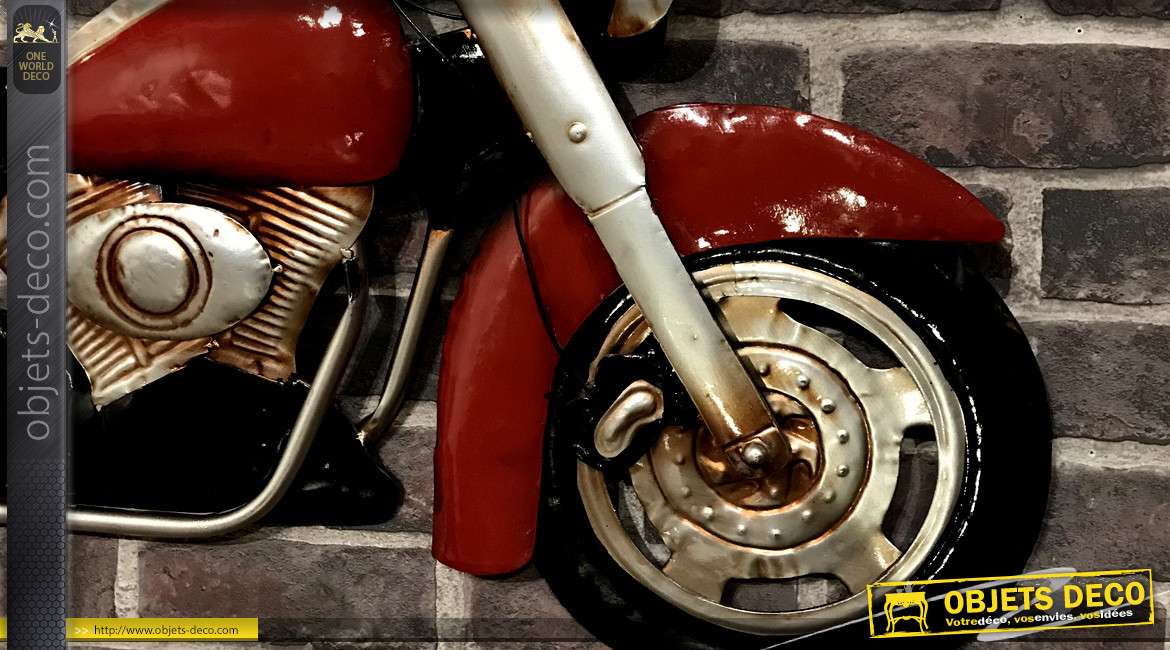 Reproduction d'une grande moto en métal, finitions industrielles rouges et noires, esprit motors, 96cm