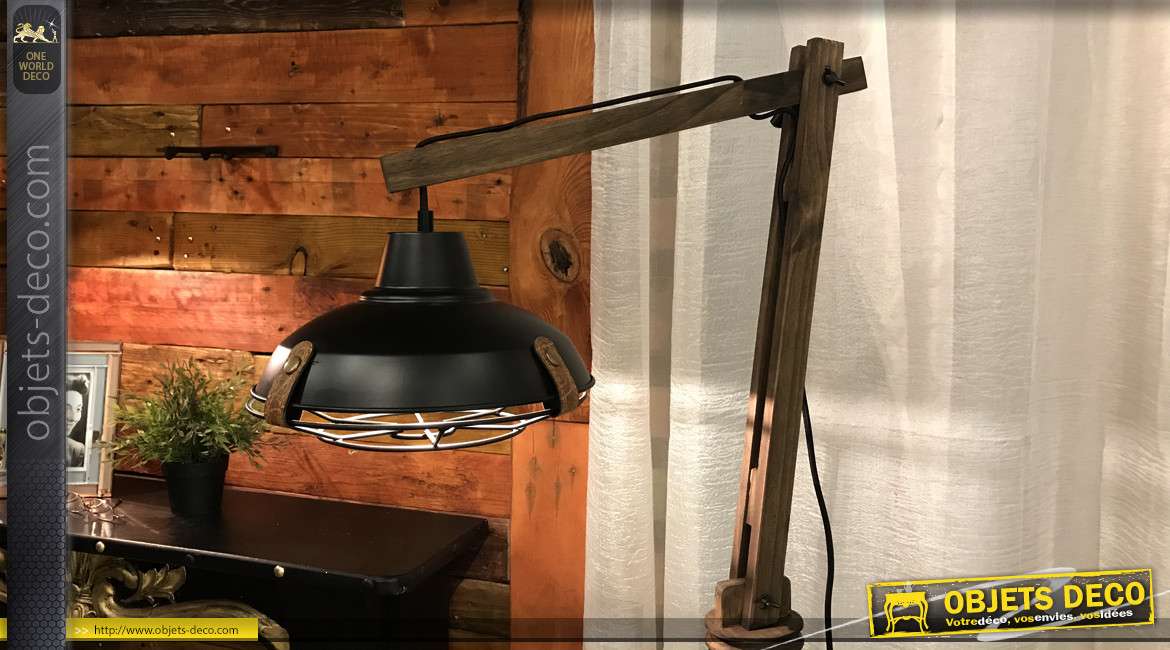 Lampadaire de style industriel en bois et métal sur trépied réglable 190 cm