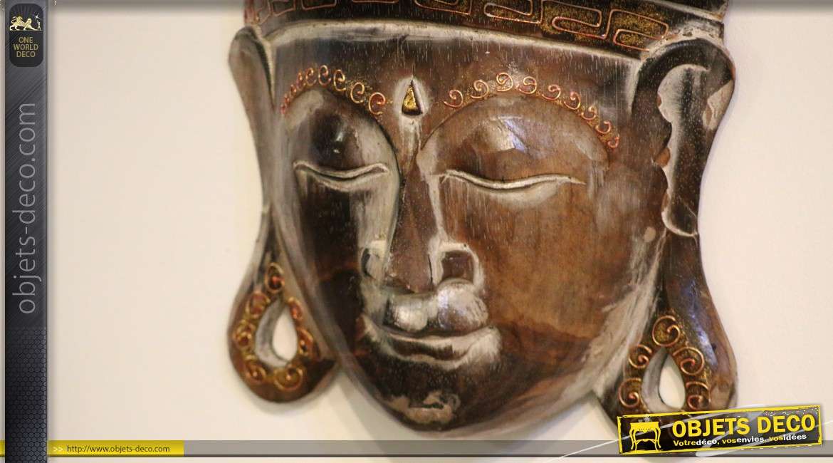 Décoration murale en bois sculpté tête de bouddha finition dorée 50 cm