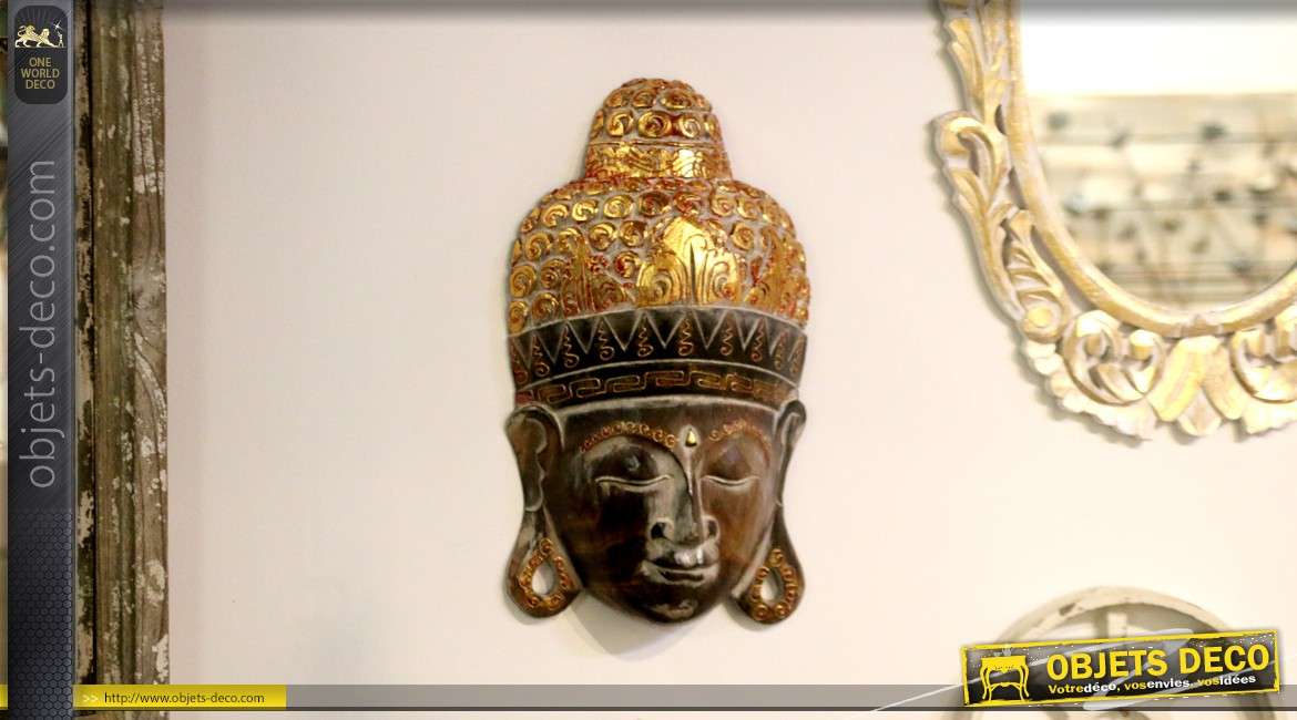 Décoration murale en bois sculpté tête de bouddha finition dorée 50 cm