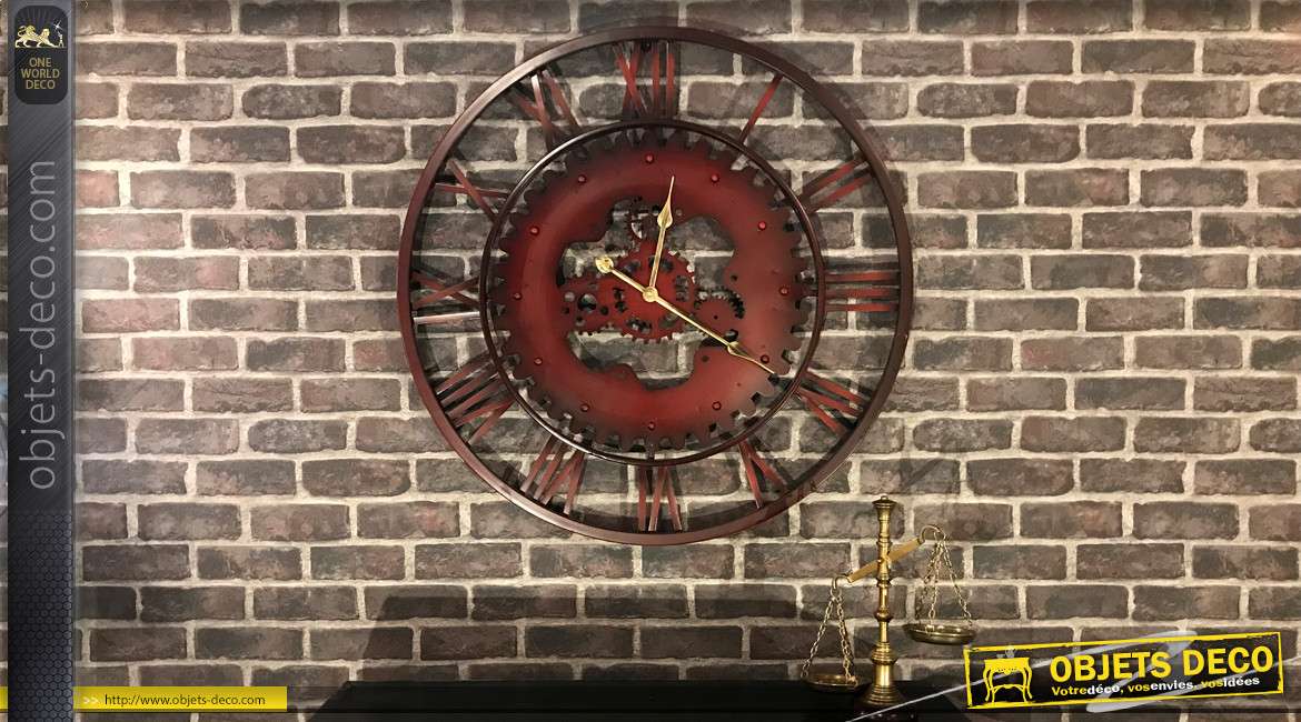 Horloge murale en métal imitation fer forgé déco engrenages Ø 80 cm