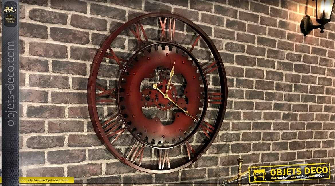 Horloge murale en métal imitation fer forgé déco engrenages Ø 80 cm