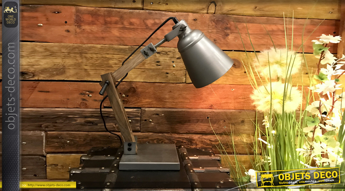Lampe de bureau style rétro et atelier en bois et métal 52 cm