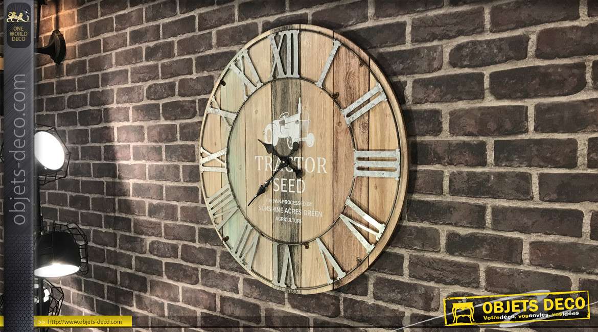 Horloge murale bois et métal de style rétro et indus effet rayures verticales Ø 70 cm