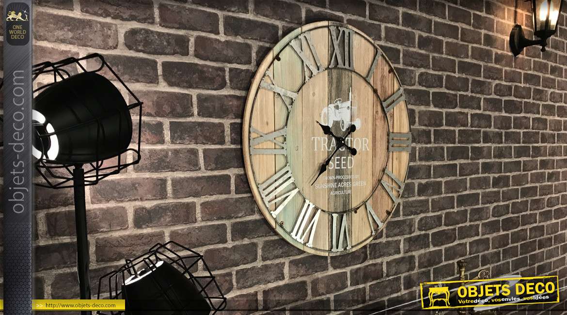 Horloge murale bois et métal de style rétro et indus effet rayures verticales Ø 70 cm