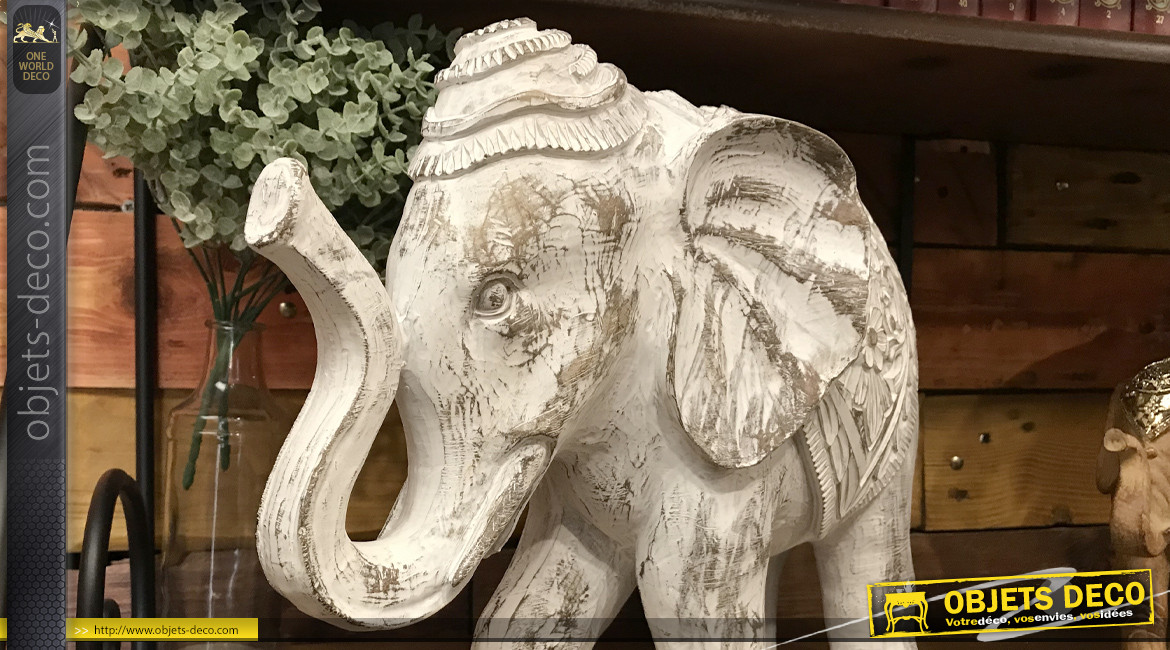 Statuette d'éléphant imitation bois sculpté vieilli et blanchi 40 cm