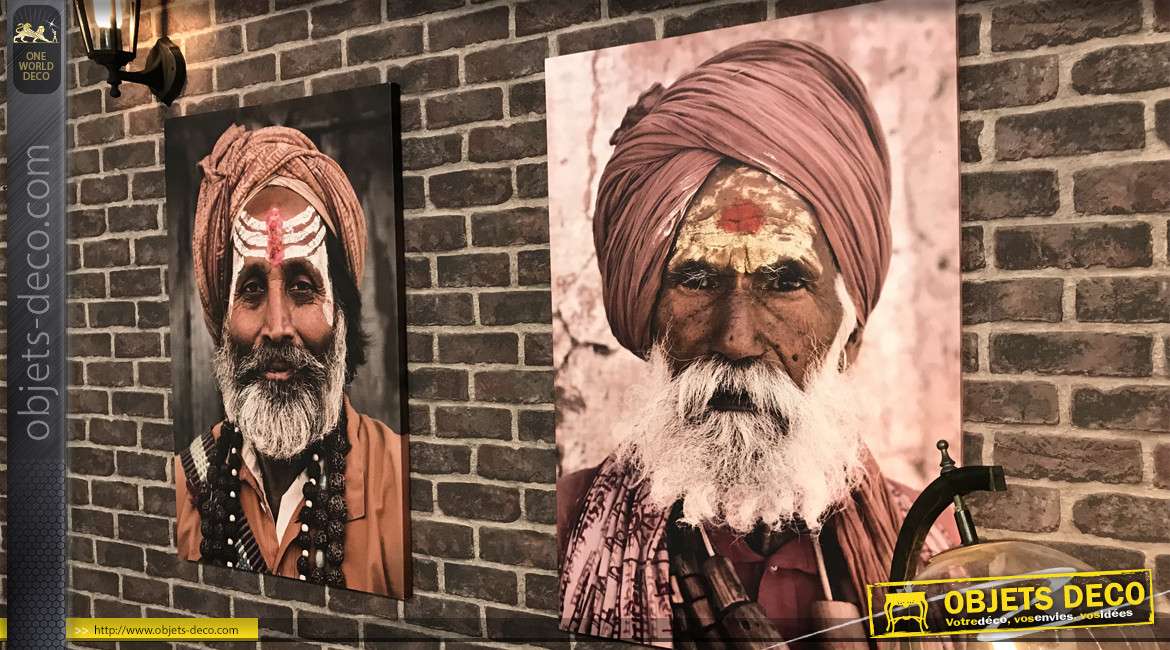 Duo de tableaux sur toile sur le thème de l'Inde : portraits de personnages 90 cm
