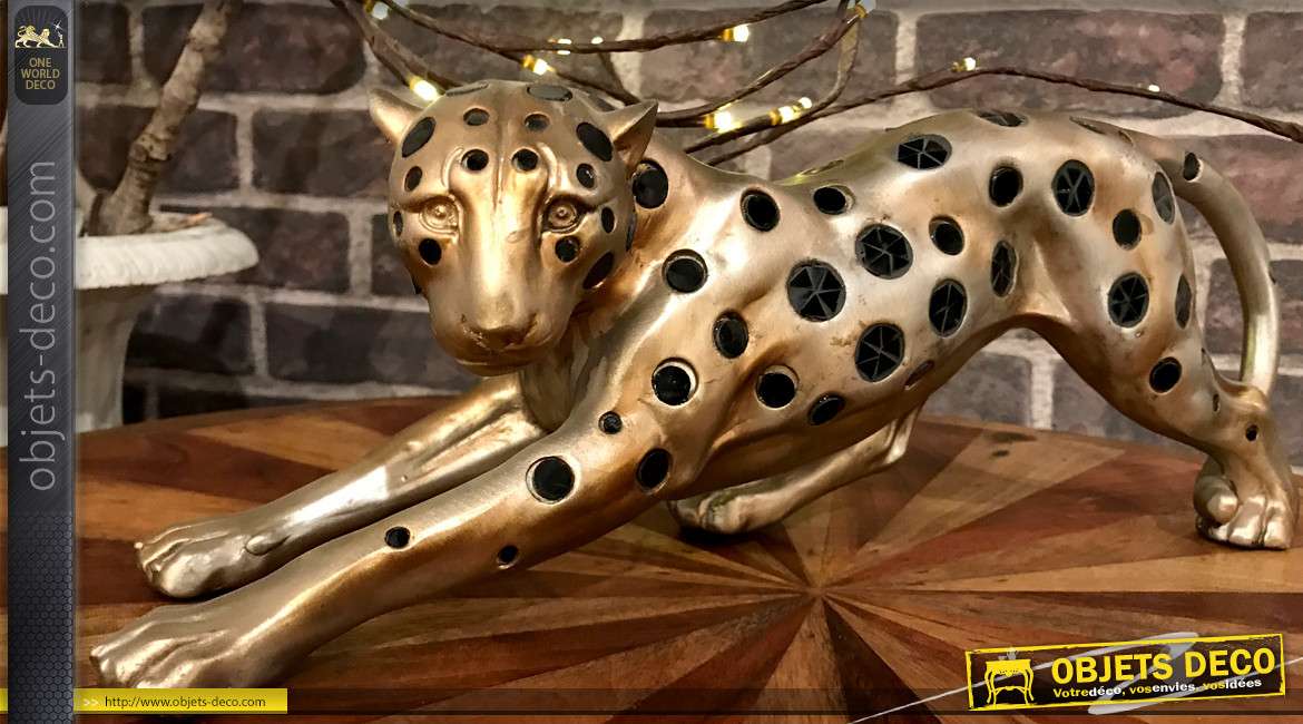 Statuette de panthère en résine finition dorée avec effets stylisés 42 cm
