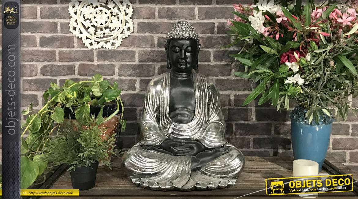 Grande statuette noir et argent de bouddha en méditation 57 cm