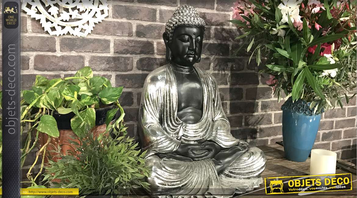 Grande statuette noir et argent de bouddha en méditation 57 cm