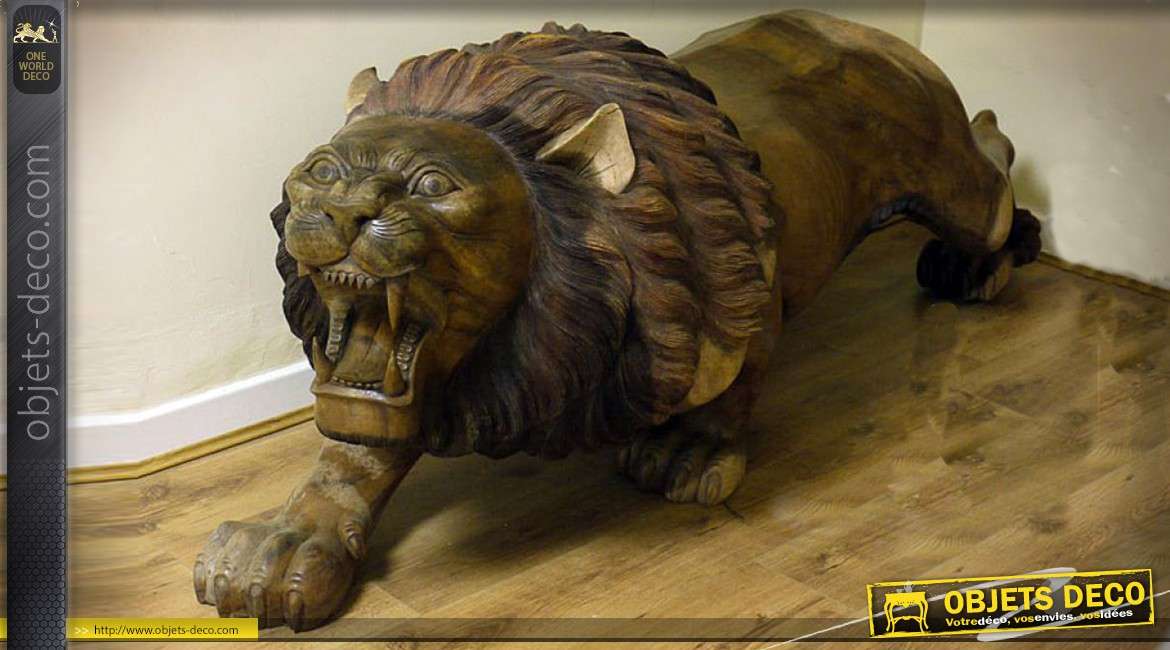 Grande sculpture de lion en tek (modèle droit) 216 cm