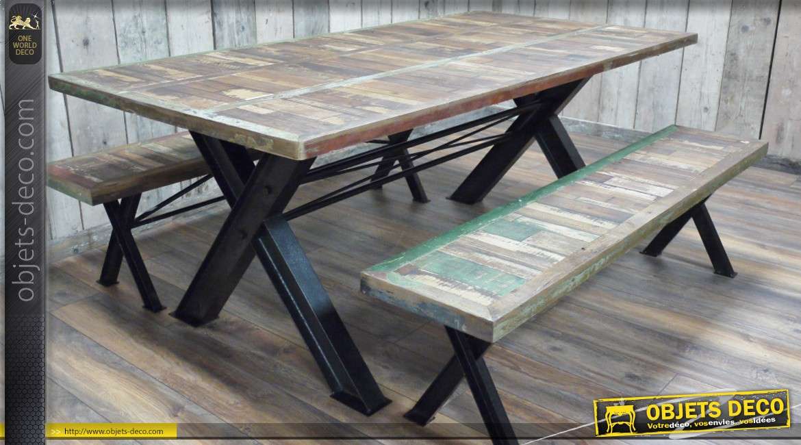 Table bois et métal rétro indus avec ses deux bancs assortis 200 cm