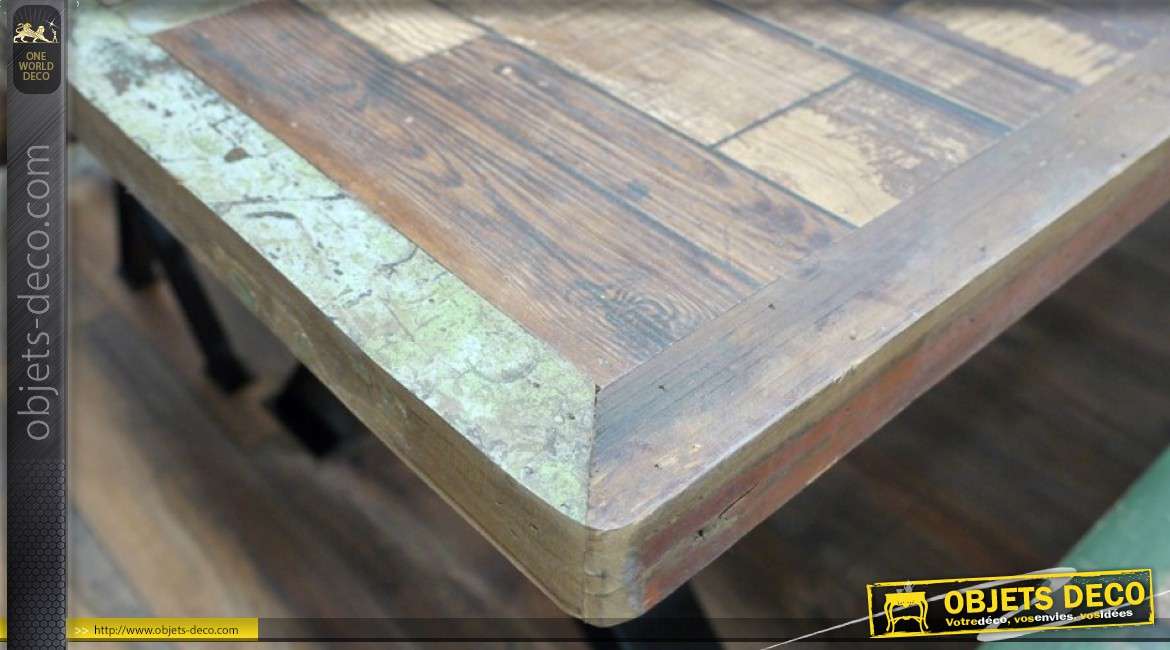 Table bois et métal rétro indus avec ses deux bancs assortis 200 cm
